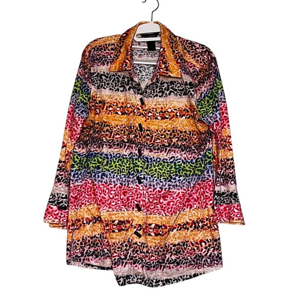 Ali Miles Women's Rainbow Leopard Burnout Button Shirt L Art to Wear Maximalist - Picture 2 of 10